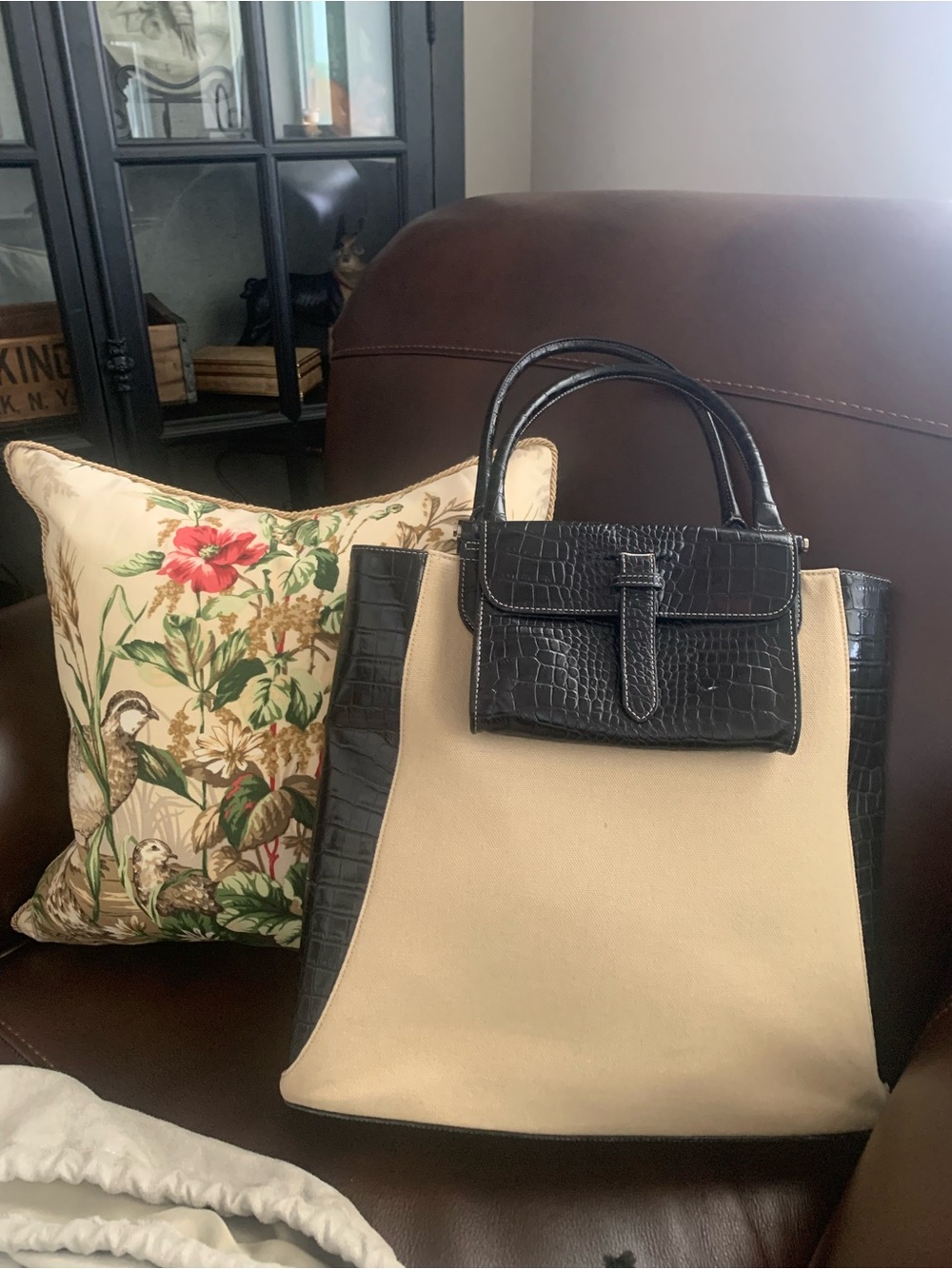 Canvas and Croc-Texture Tote Bag in Cream and Black